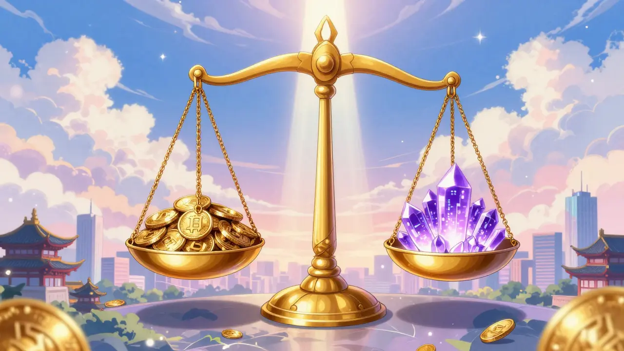 Scales weighing gold coins and digital crystals in sky