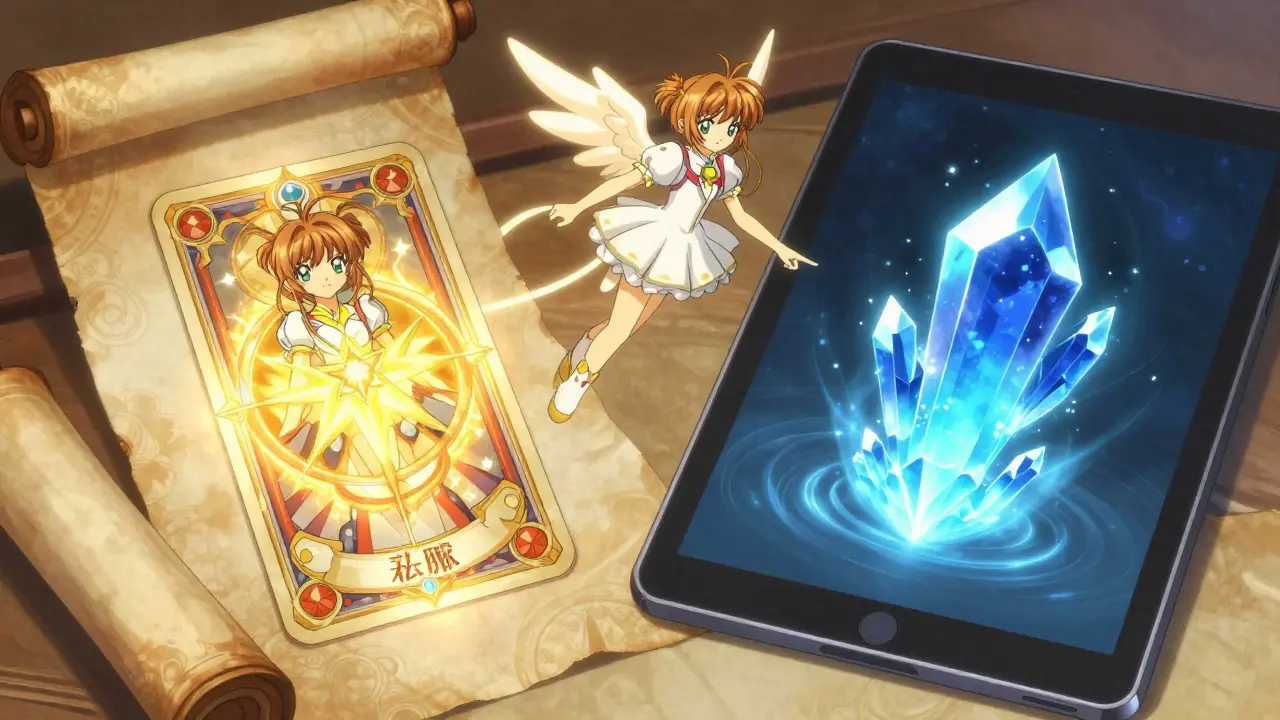 Split scene showing vintage card and modern crystal representing crypto projects.