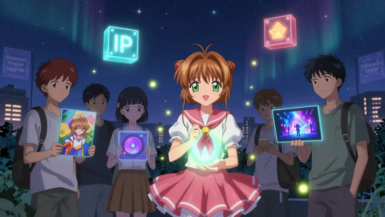 Teens under a blockchain sky, each NFT projecting a personal memory with floating IPFS fireflies.