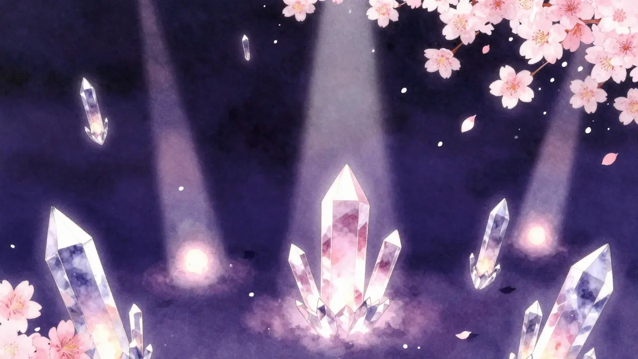 Unlisted token crystals floating in shadow with falling cherry blossoms