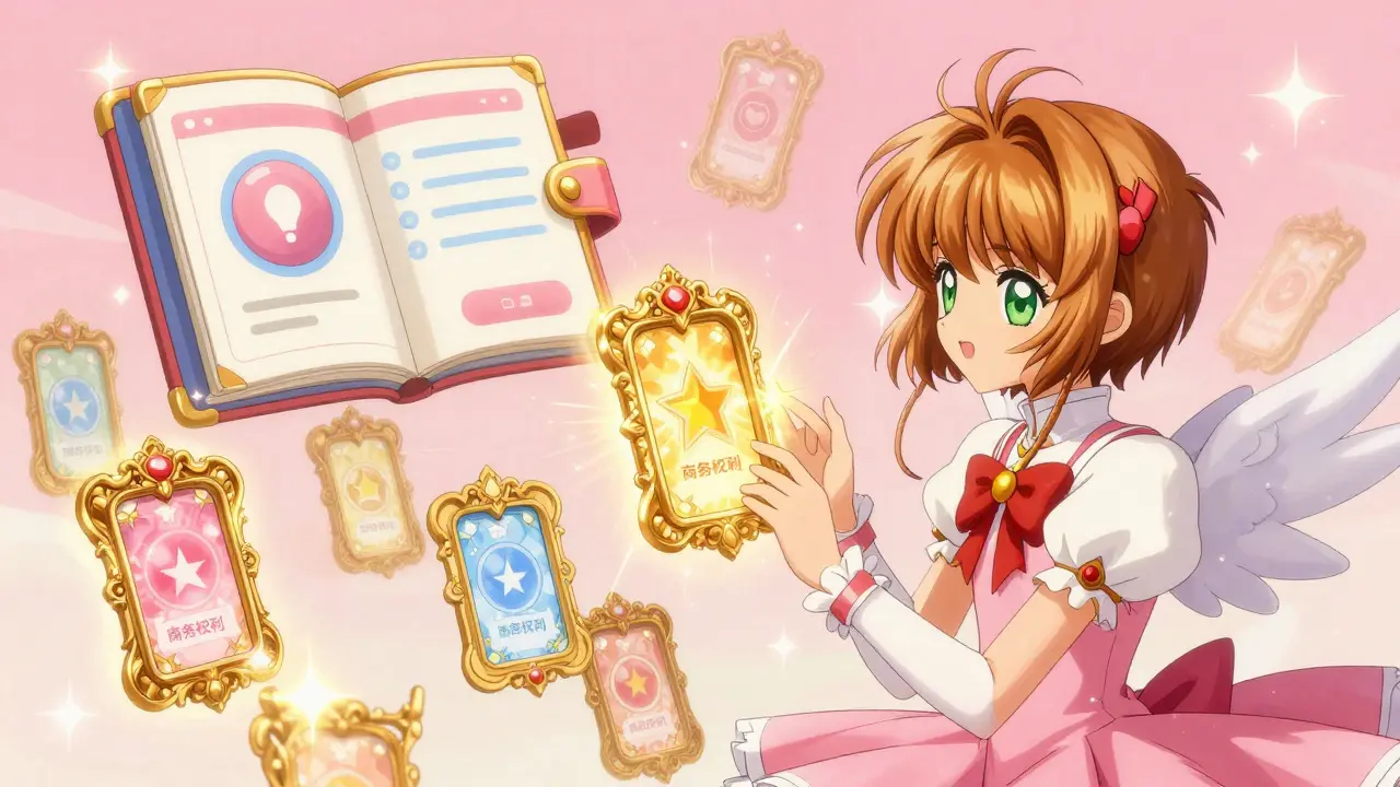 A character interacting with glowing NFT business rights in a whimsical anime marketplace.