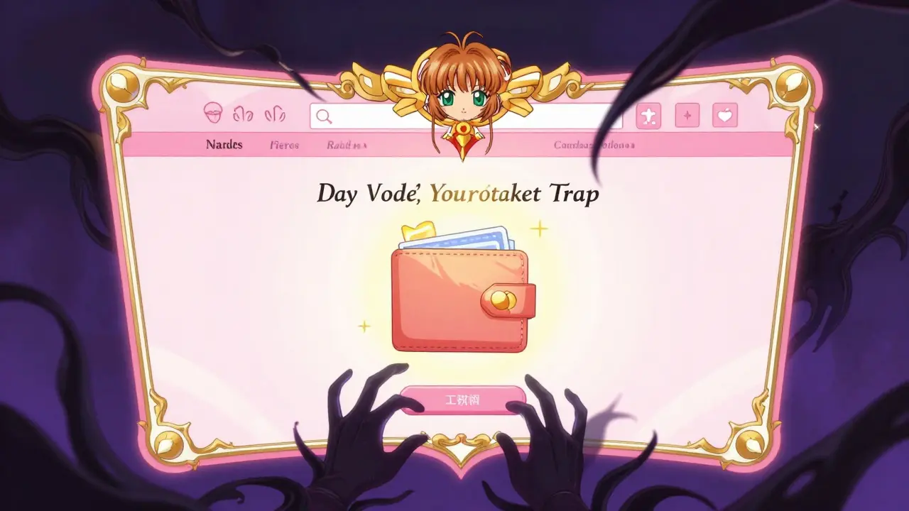 A deceptive digital website interface with dark shadowy tendrils in anime style.