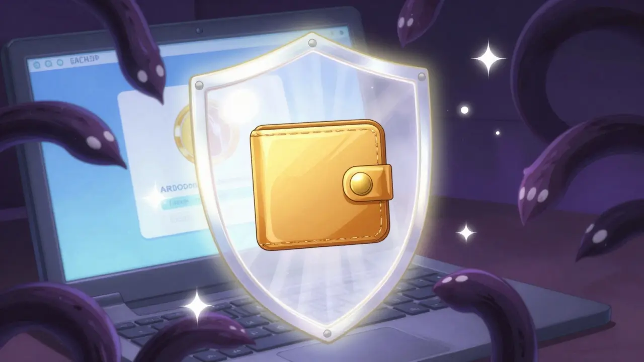 A magical glowing shield protecting a digital wallet from dark shadows in anime style