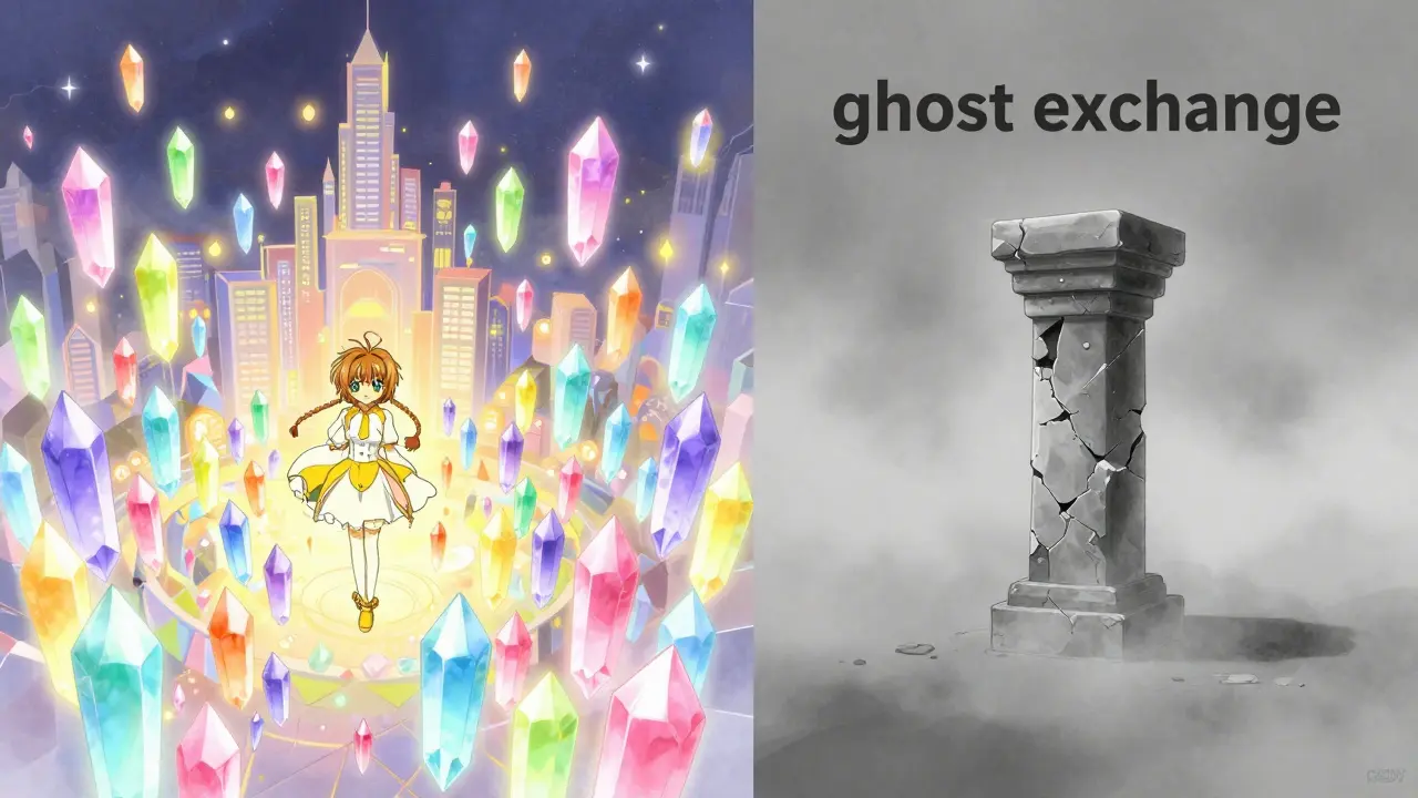 Anime art contrasting a vibrant city of crystals with a lonely stone pillar in a grey void.