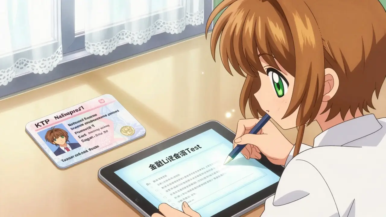 Anime character completing a crypto literacy test with identity documents on the desk.