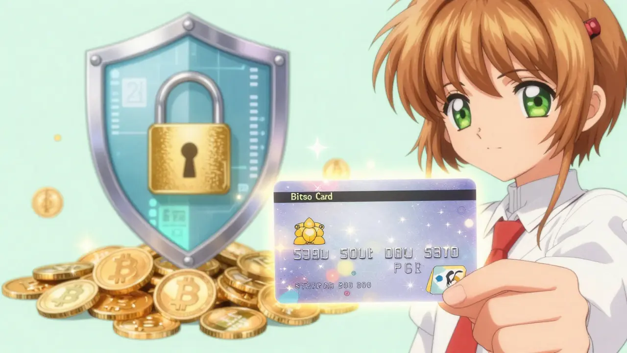 Anime character holding a glowing crypto debit card protected by a magical digital shield