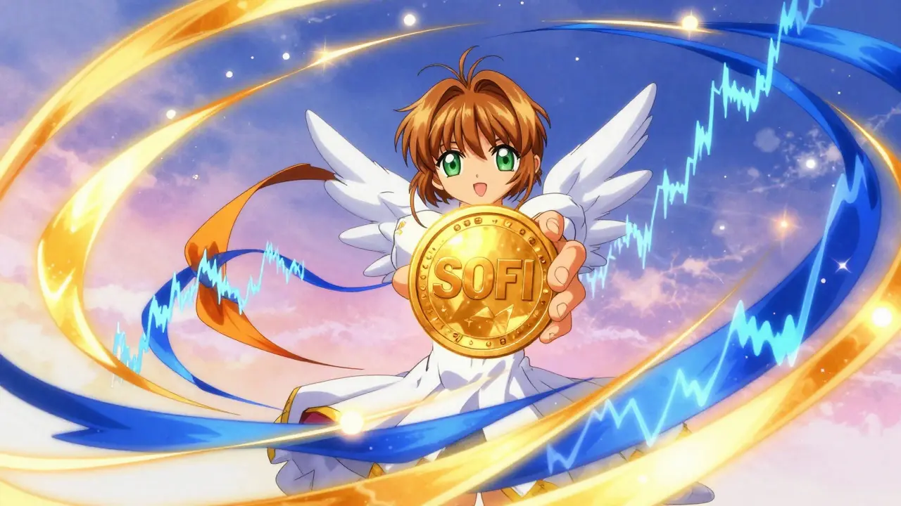 Anime character holding a golden SOFI coin surrounded by swirling colorful ribbons of light
