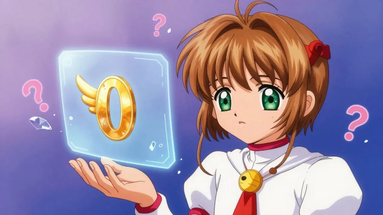 Anime character looking confused at a holographic zero value display with a faded token