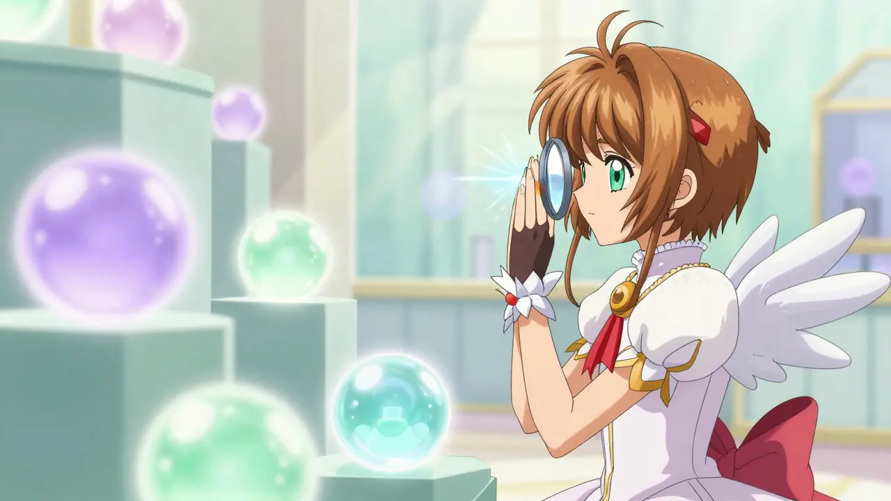 Anime character observing a small, curated selection of glowing crypto spheres through a lens.