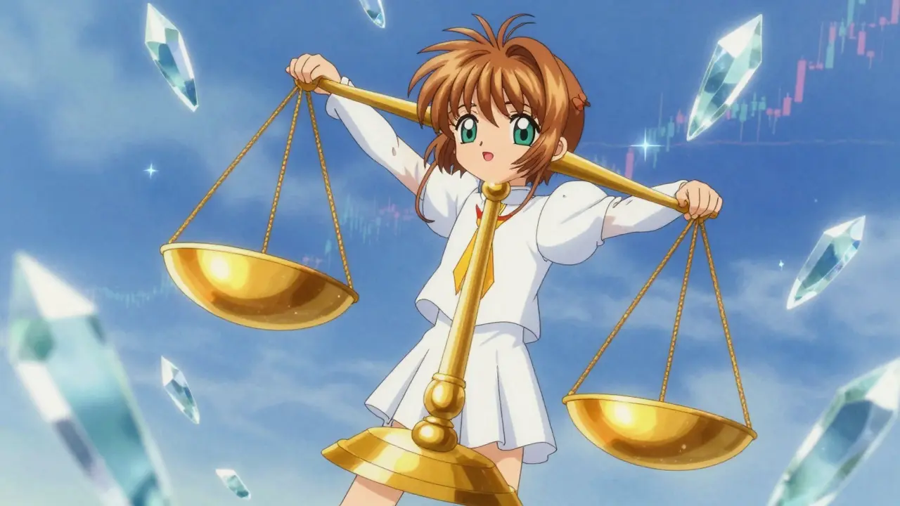 Anime character observing unstable magical scales representing volatile crypto market data