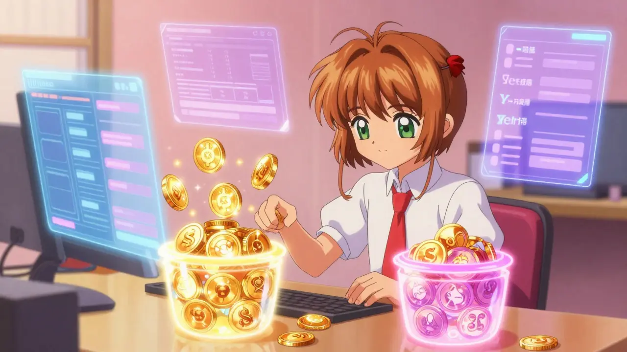 Anime character organizing floating digital coins into magical containers