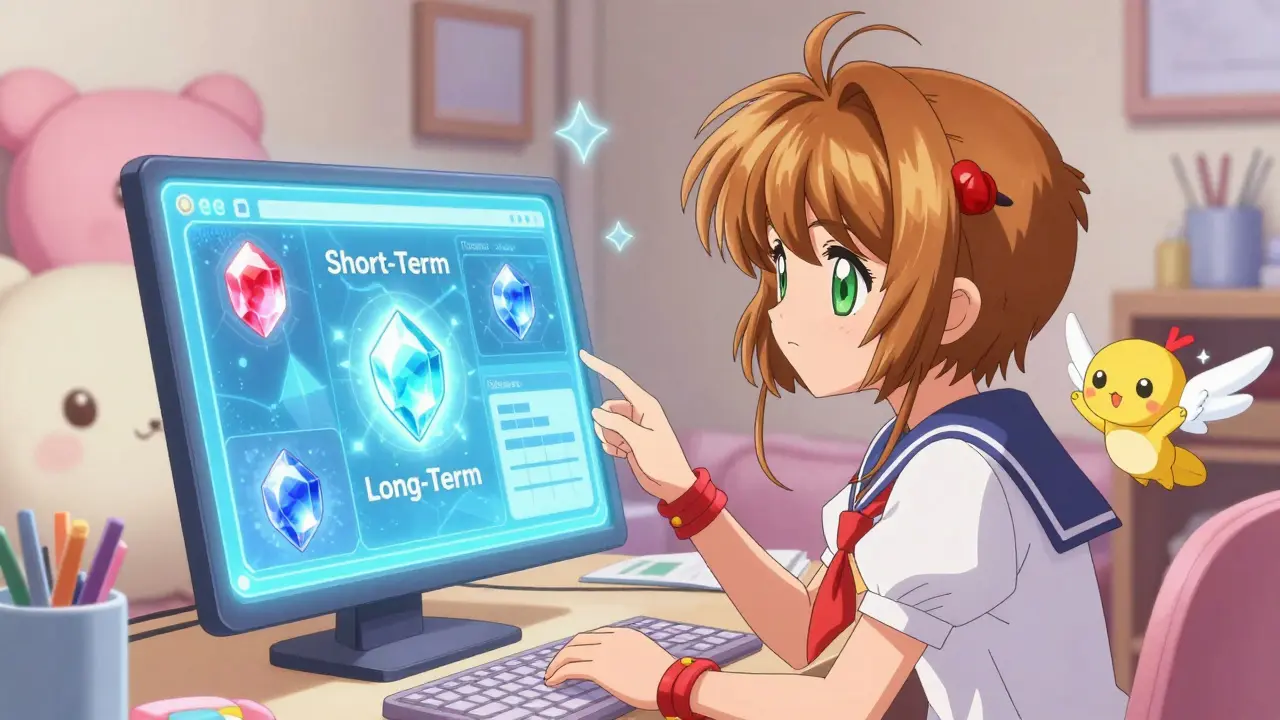 Anime character sorting crypto assets as colorful gems on a glowing screen with a cute creature.