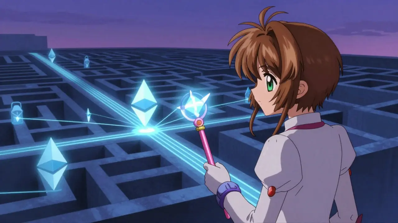 Anime character using a magic wand to navigate a glowing blue digital network of bridges