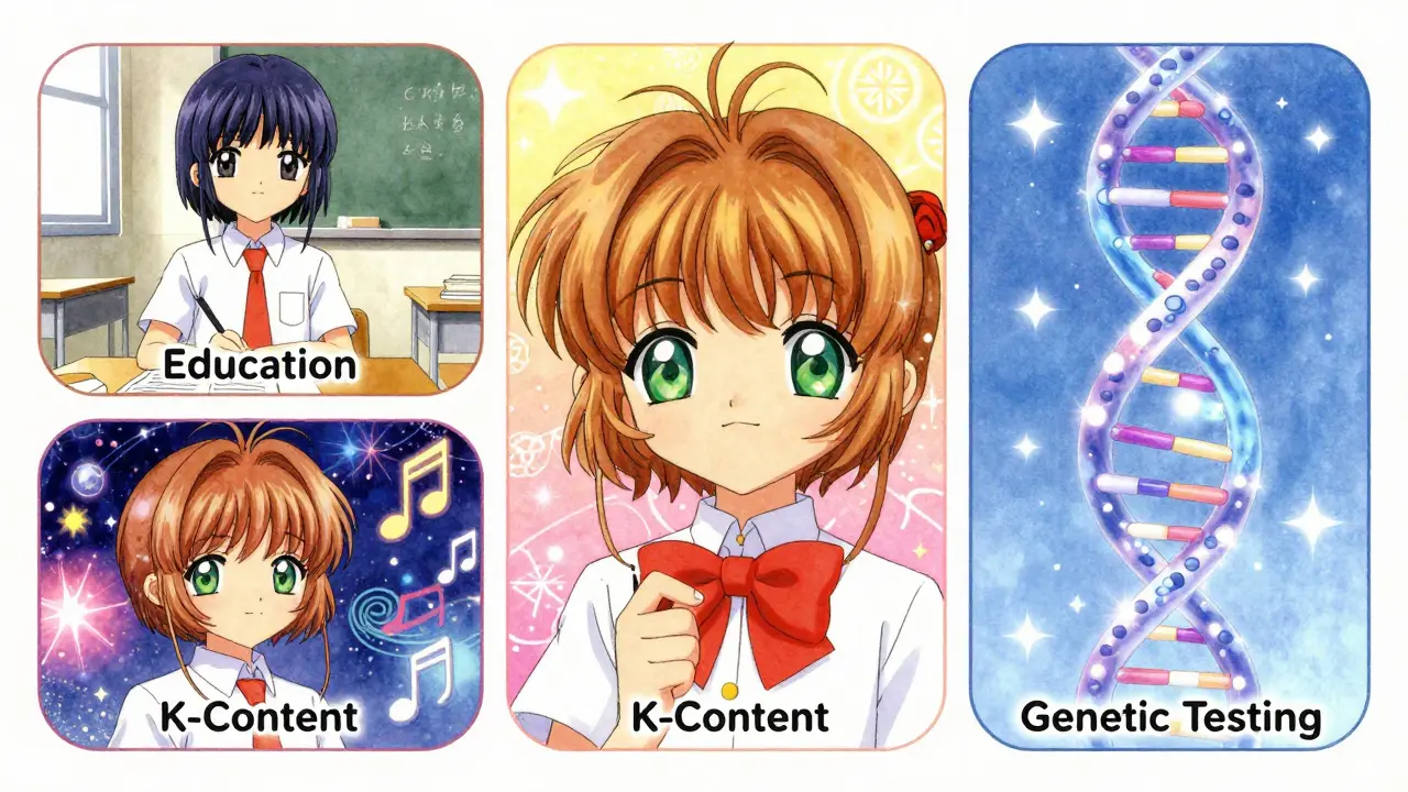 Anime collage showing education, K-content, and genetic testing sectors with soft colors.