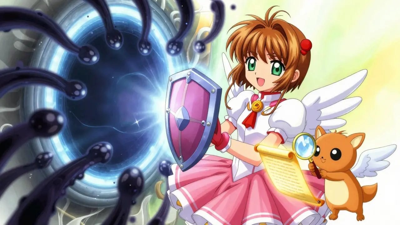Anime girl using a magical shield to block dark tentacles while a small creature inspects a scroll.