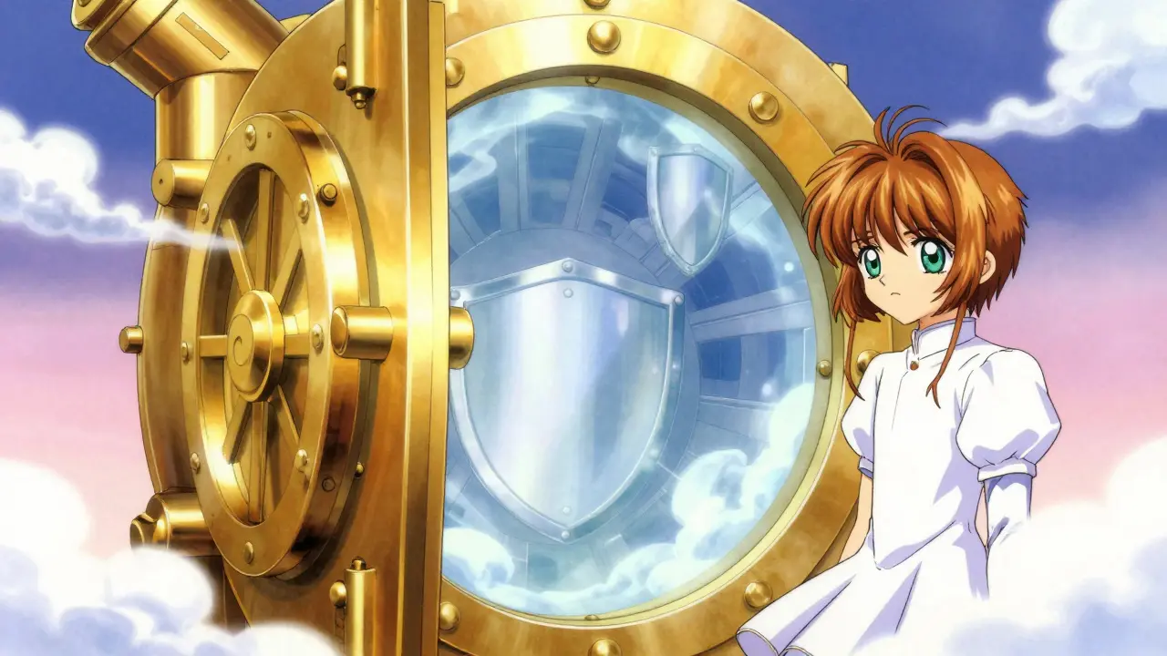 Anime illustration of an open, translucent golden vault representing missing security features.