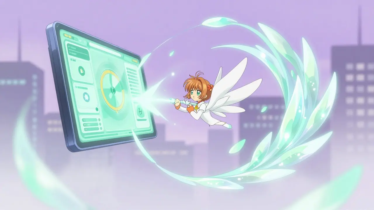 Anime scene showing a digital platform magically transforming into another with swirling ribbons.