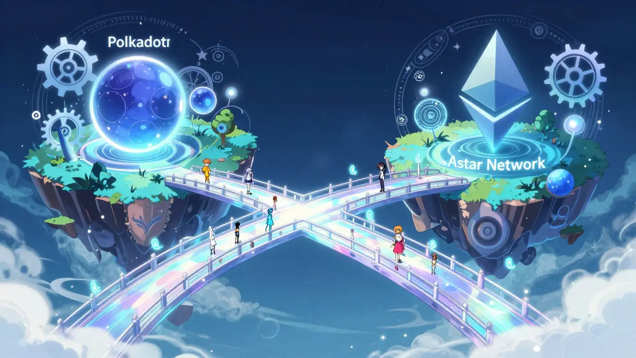 Anime style bridge of light connecting two floating islands representing Polkadot and Ethereum.