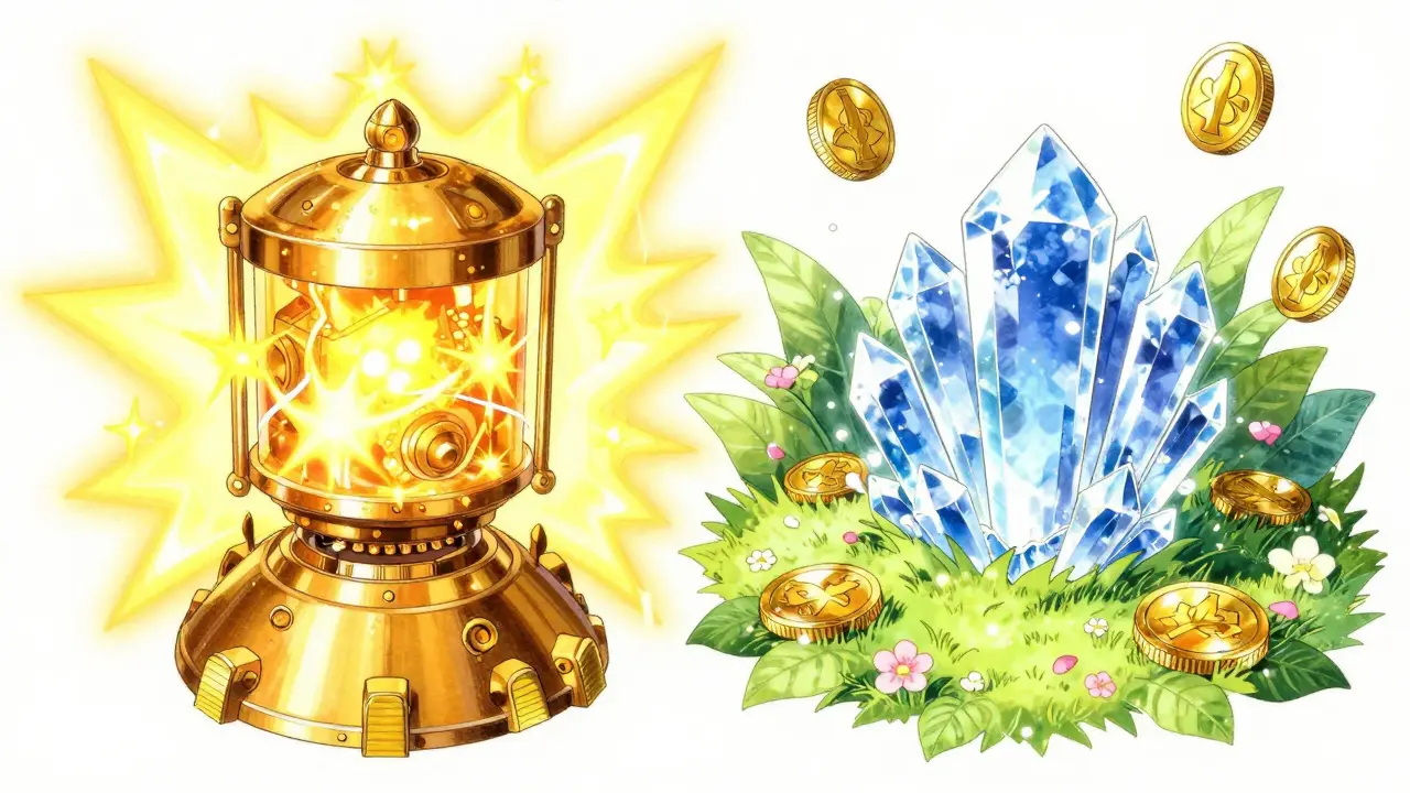 Anime style comparison between a glowing mining machine and a serene garden of crystalline coins