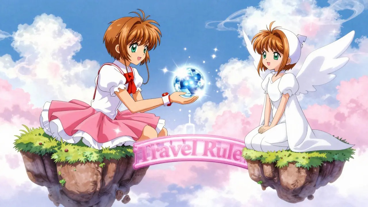 Anime style depiction of a magical exchange of data orbs across a shimmering bridge