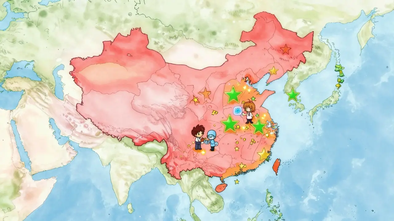 Anime style map of Asia showing different crypto regulation zones in China, Hong Kong, and Singapore