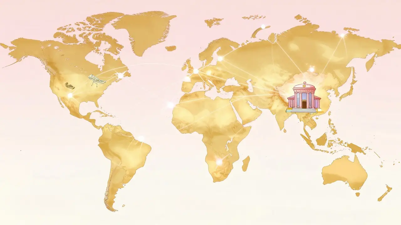Anime style map with glowing threads connecting Kyrgyzstan to the world in soft gold and pink tones.