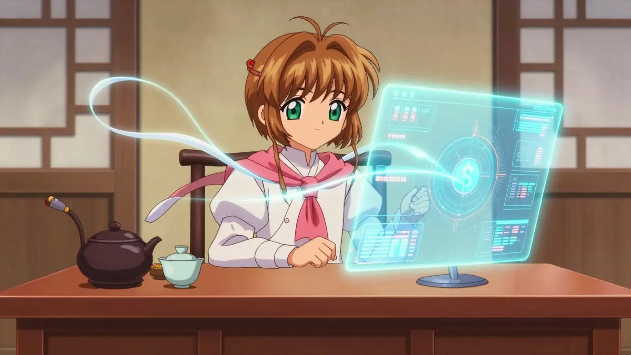 Character at a desk with tea and holographic crypto charts in a whimsical anime style