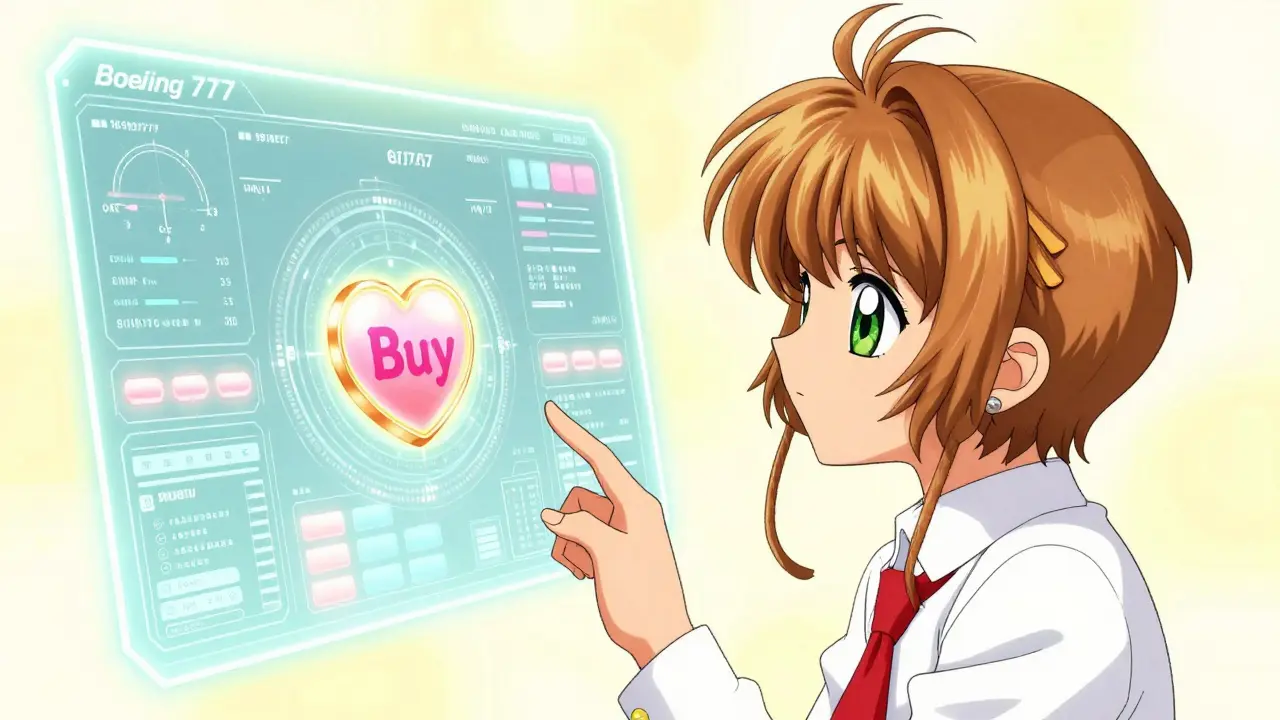 Character looking at a complex holographic trading screen and a simple buy button.