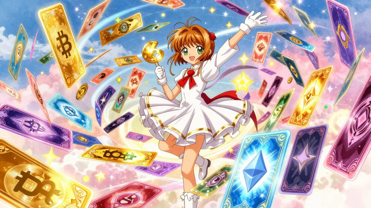 Character surrounded by swirling magical trading cards representing various cryptocurrencies.