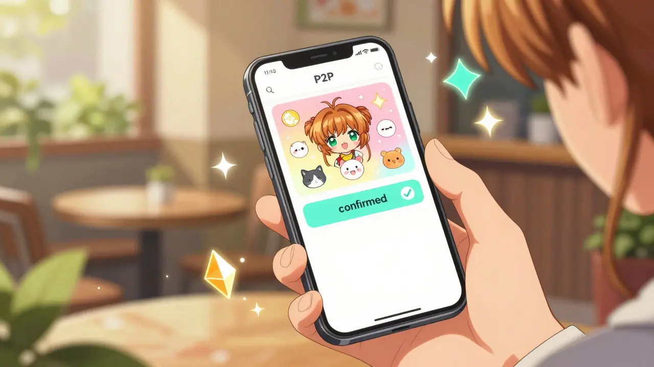 Close-up of a smartphone showing a successful P2P crypto trade with magical sparkles