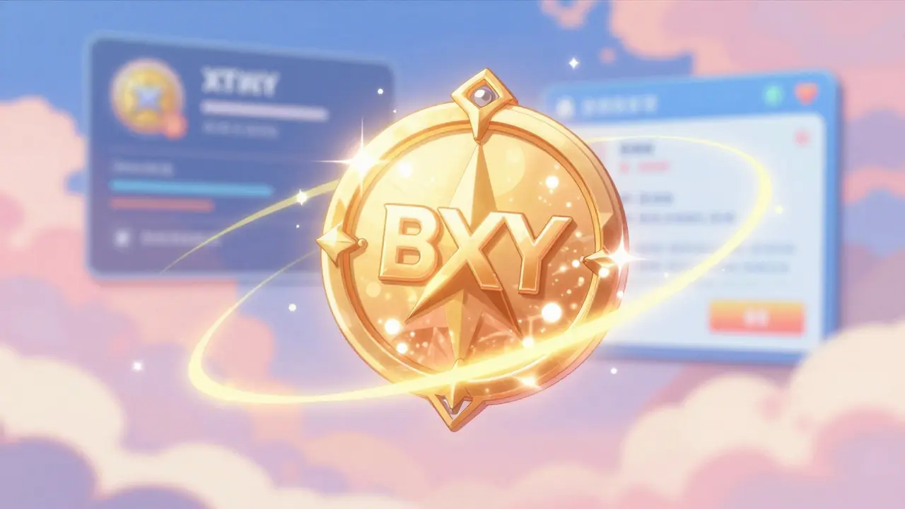 Glowing golden BXY token floating with sparkles in a soft pastel anime environment.
