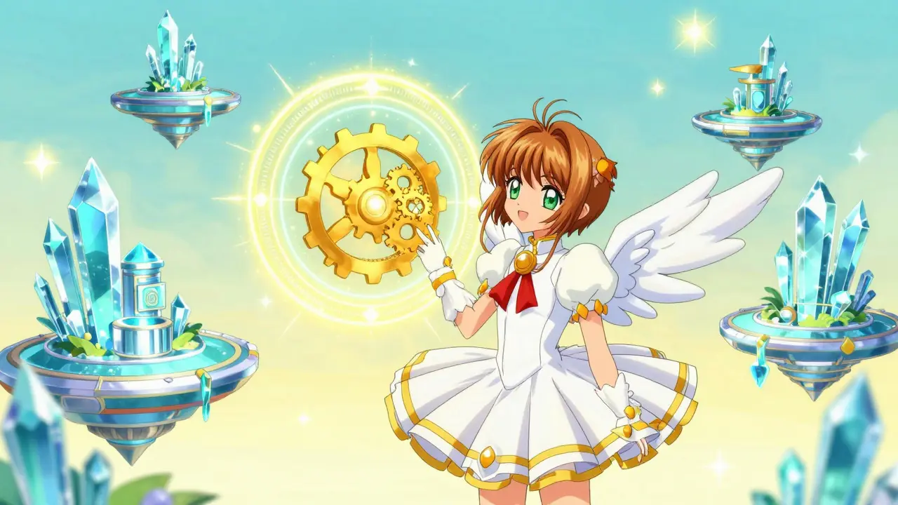 Magical anime-style DeFi hub with holographic platforms and glowing magic circles