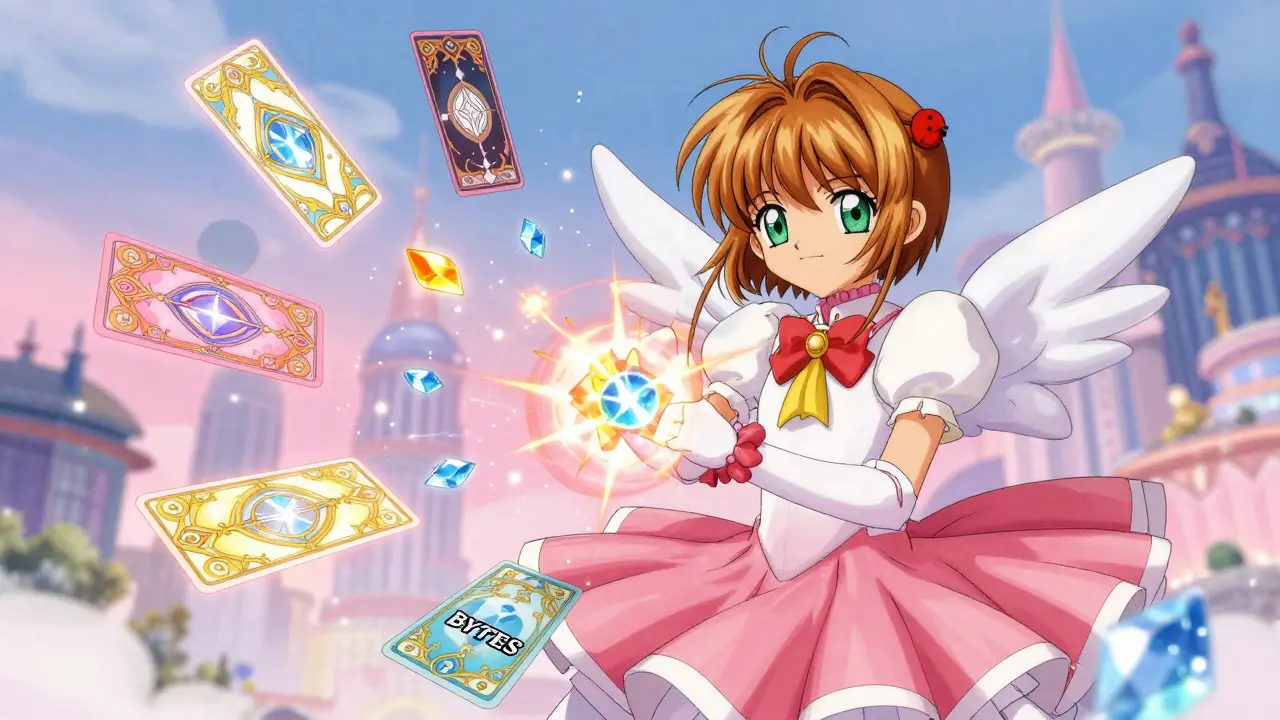 Magical cards transforming into glowing digital tokens in a pastel cyber-fantasy setting.