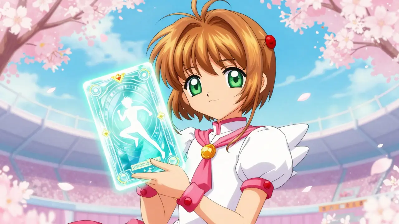 Magical girl holding glowing sports trading card