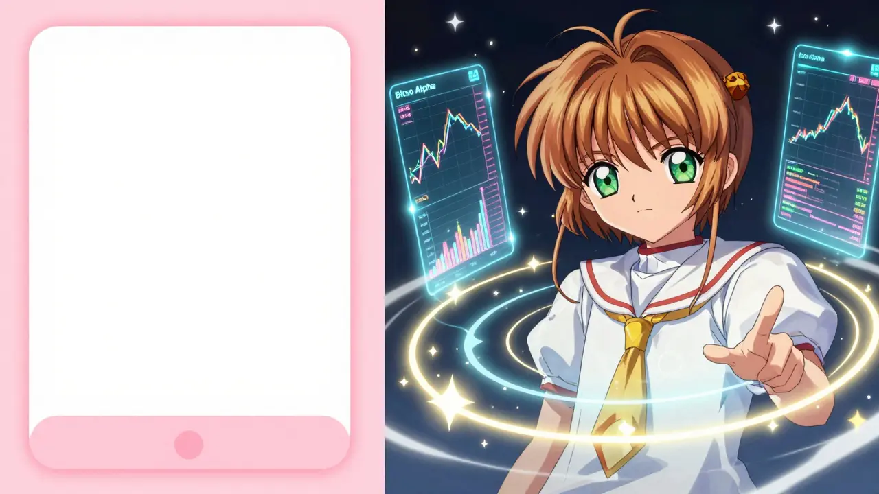 Split screen showing a simple crypto app and advanced holographic trading charts in anime style