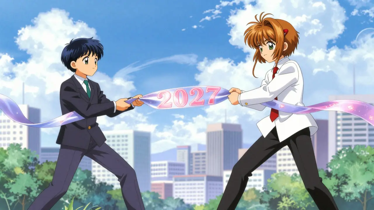 Two figures pulling a glowing 2027 ribbon over a soft Seoul cityscape