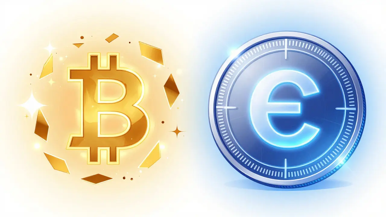 Visual contrast between a fading Bitcoin and a glowing official digital yuan coin