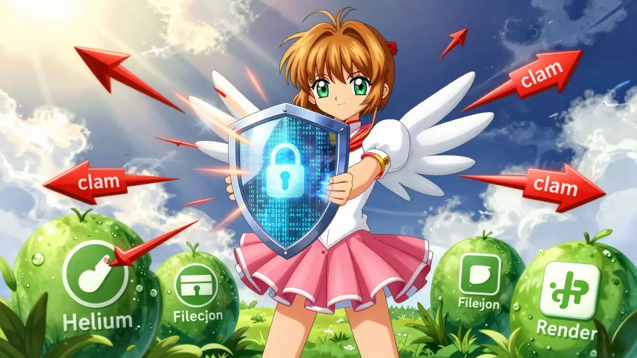 A character shielding themselves from scams while standing near safe crypto projects.