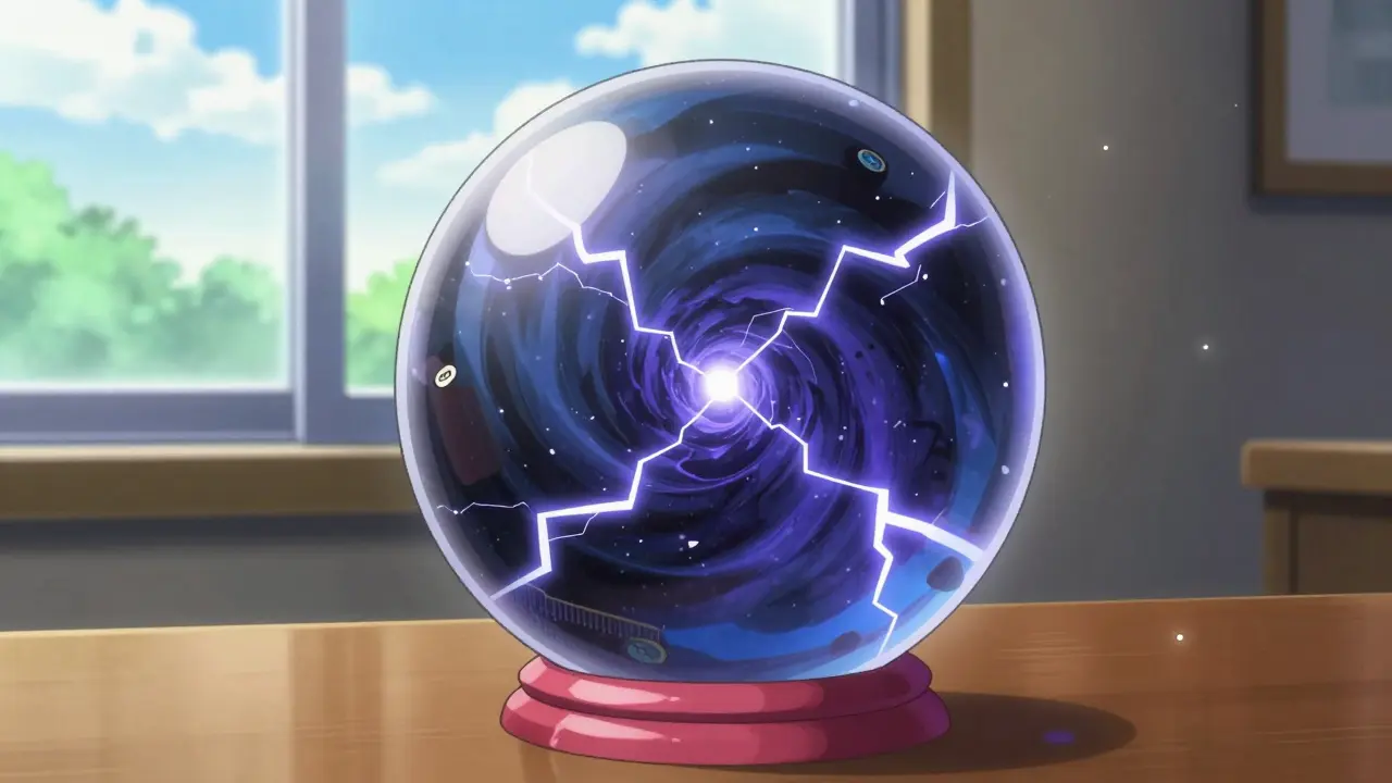 A crystal ball reflecting chaotic storms and data shards, symbolizing crypto volatility.