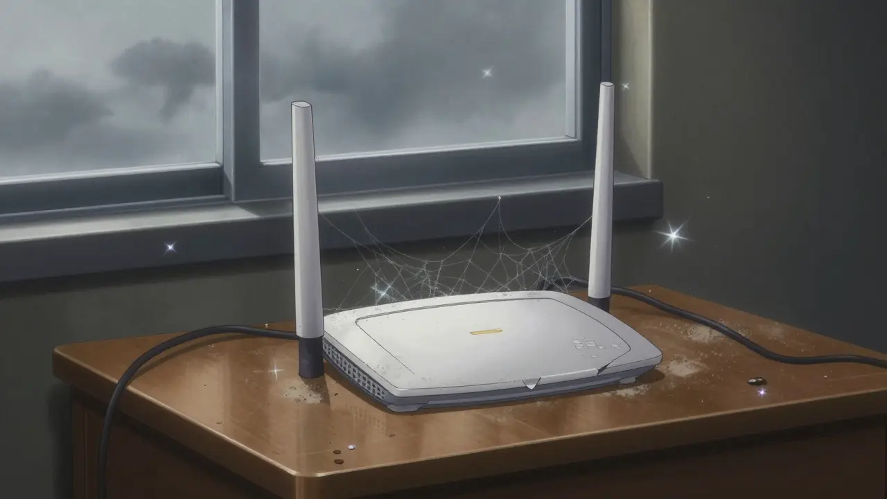 A dusty, abandoned Wi-Fi router with fading sparkles on a quiet desk.