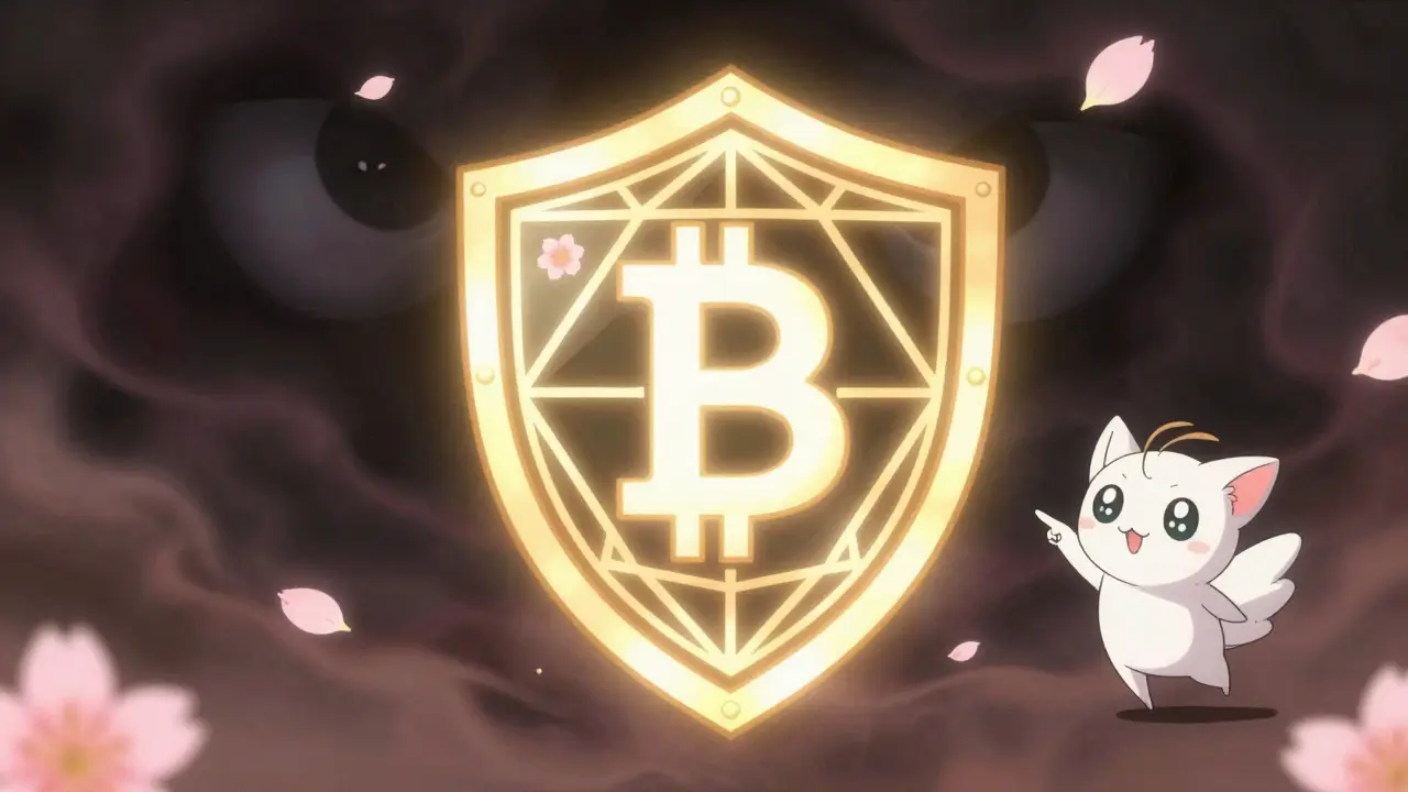 A magical golden barrier protecting a digital wallet from dark, shadowy threats.