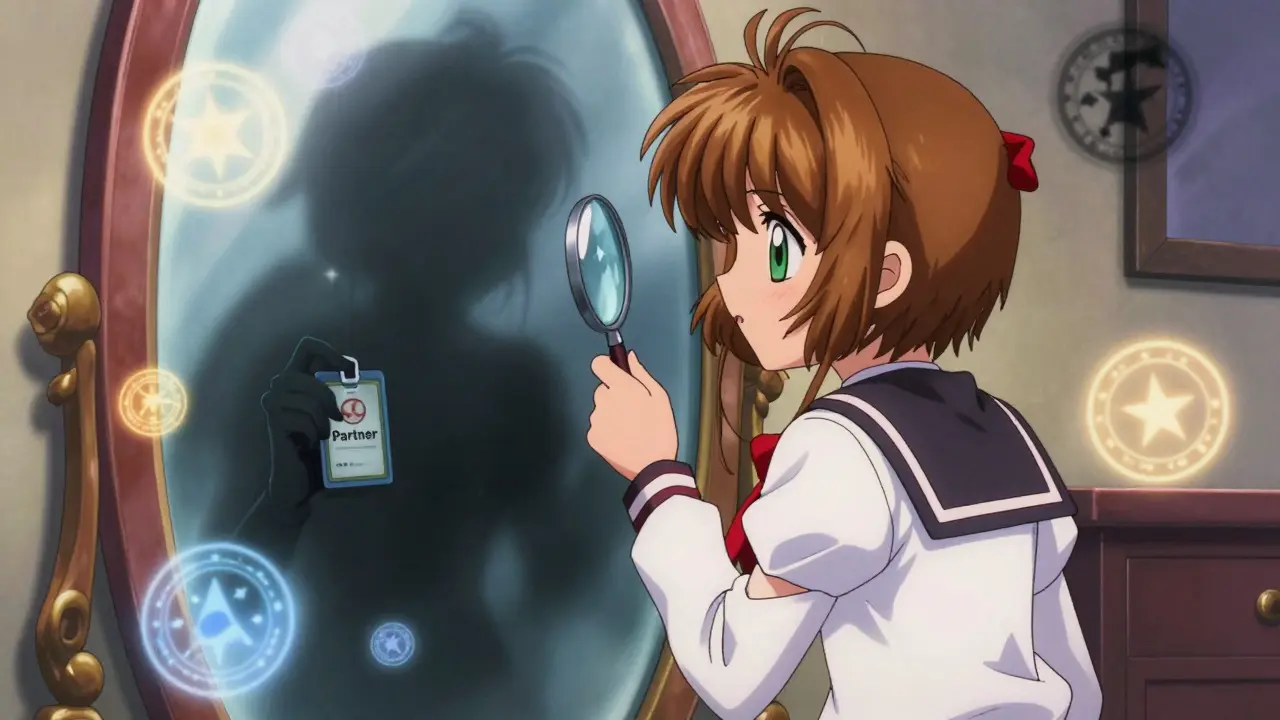 An anime girl examining a distorted reflection in a mirror with a magnifying glass.