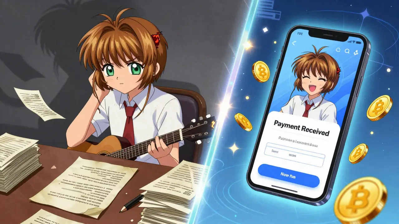 Anime artist contrasting old paper contracts with instant digital payments on phone