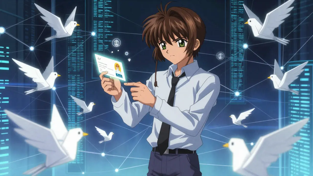 Anime character attaching data envelopes to birds for crypto transfers
