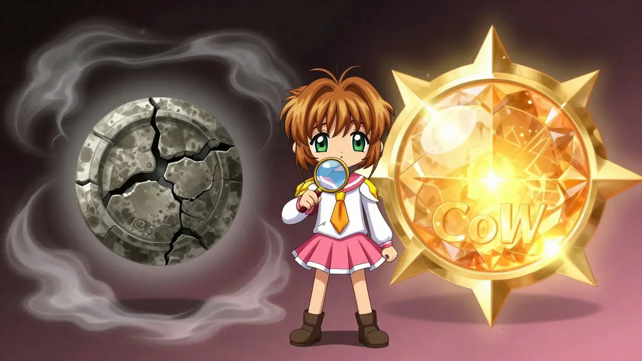 Anime character comparing a dull fake token to a radiant real gem