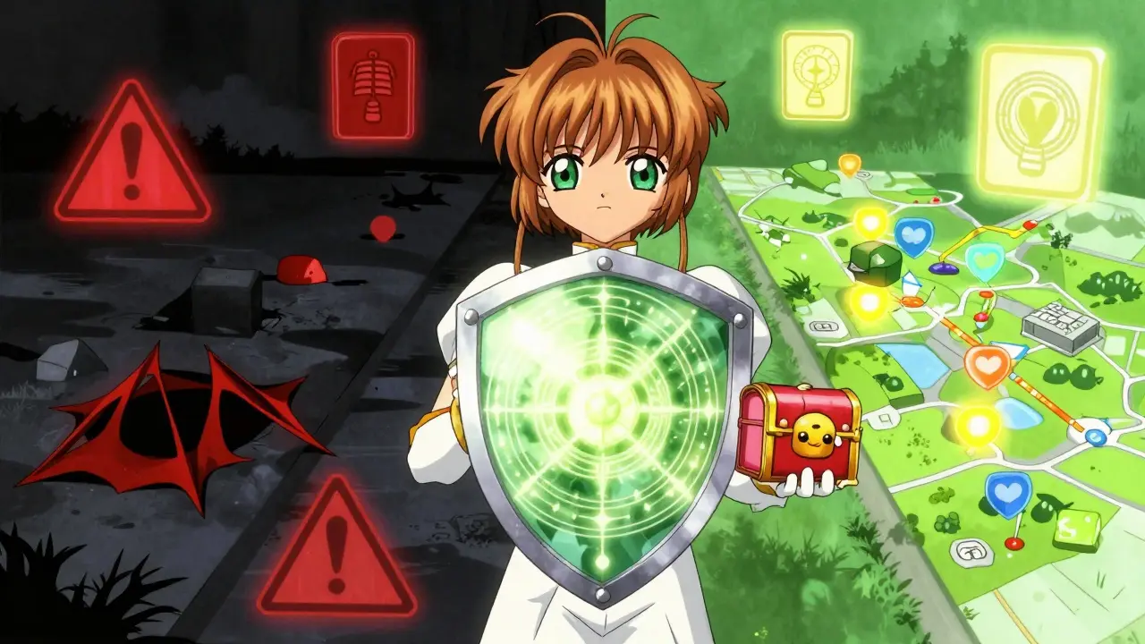 Anime character holding protective shield against crypto risks and hidden traps