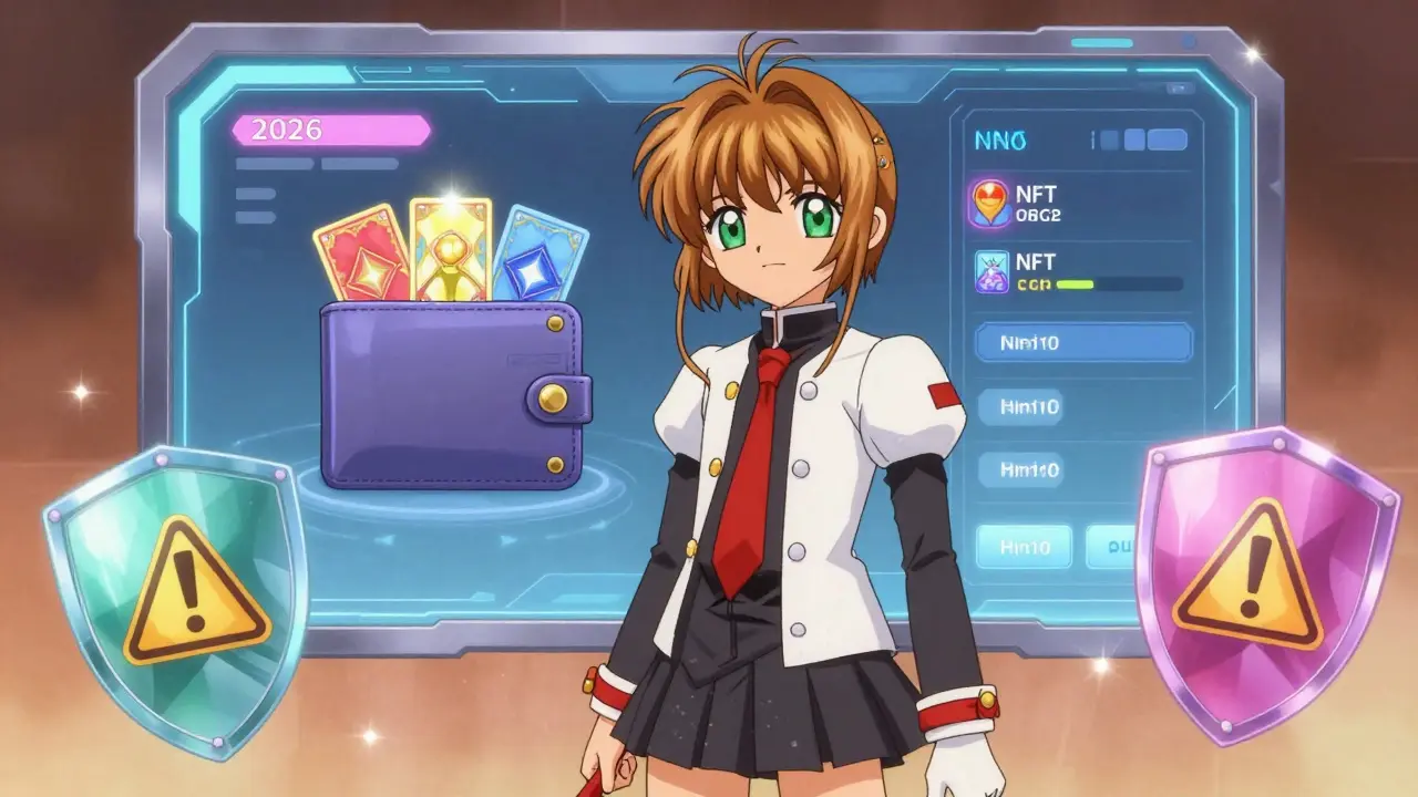 Anime character managing crypto assets with magical security shields