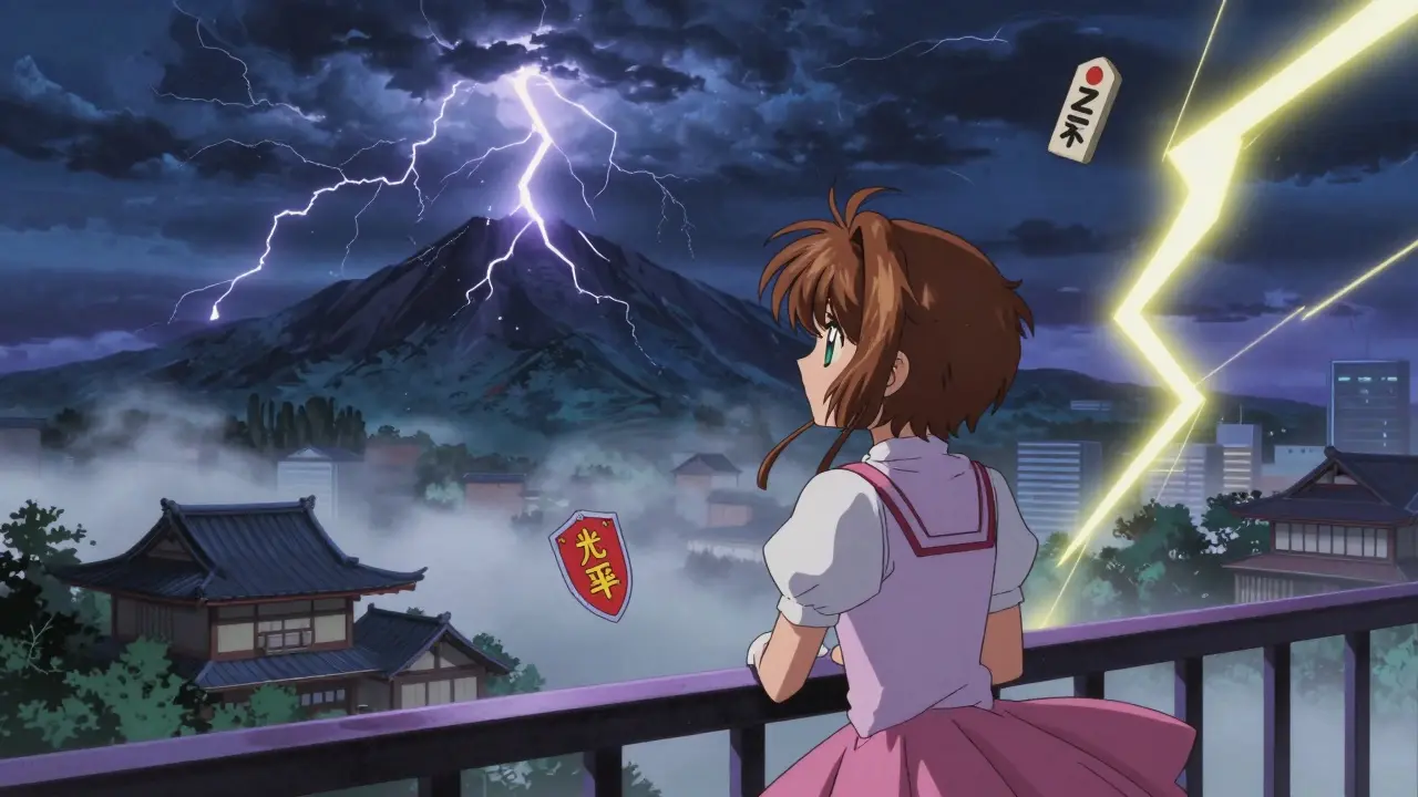Anime character observing stormy market peaks and calm valleys, symbolizing crypto volatility.