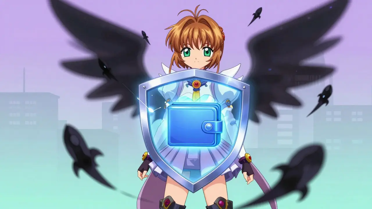 Anime character protecting a digital wallet with a glowing privacy shield