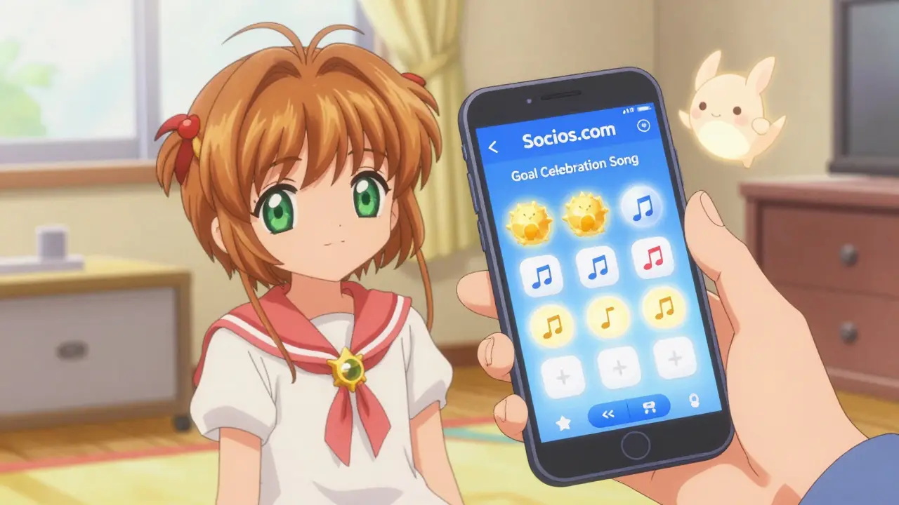 Anime character using a smartphone app to vote on fan polls with floating musical icons.